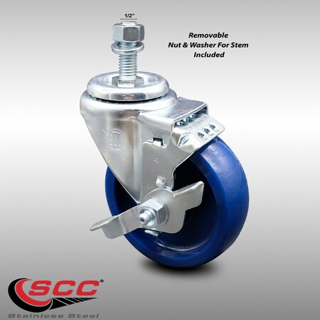 Service Caster 4 Inch SS Solid Polyurethane Wheel Swivel 1/2 Inch Threaded Stem Caster with Brake SCC-SSTS20S414-SPUS-TLB-121315
